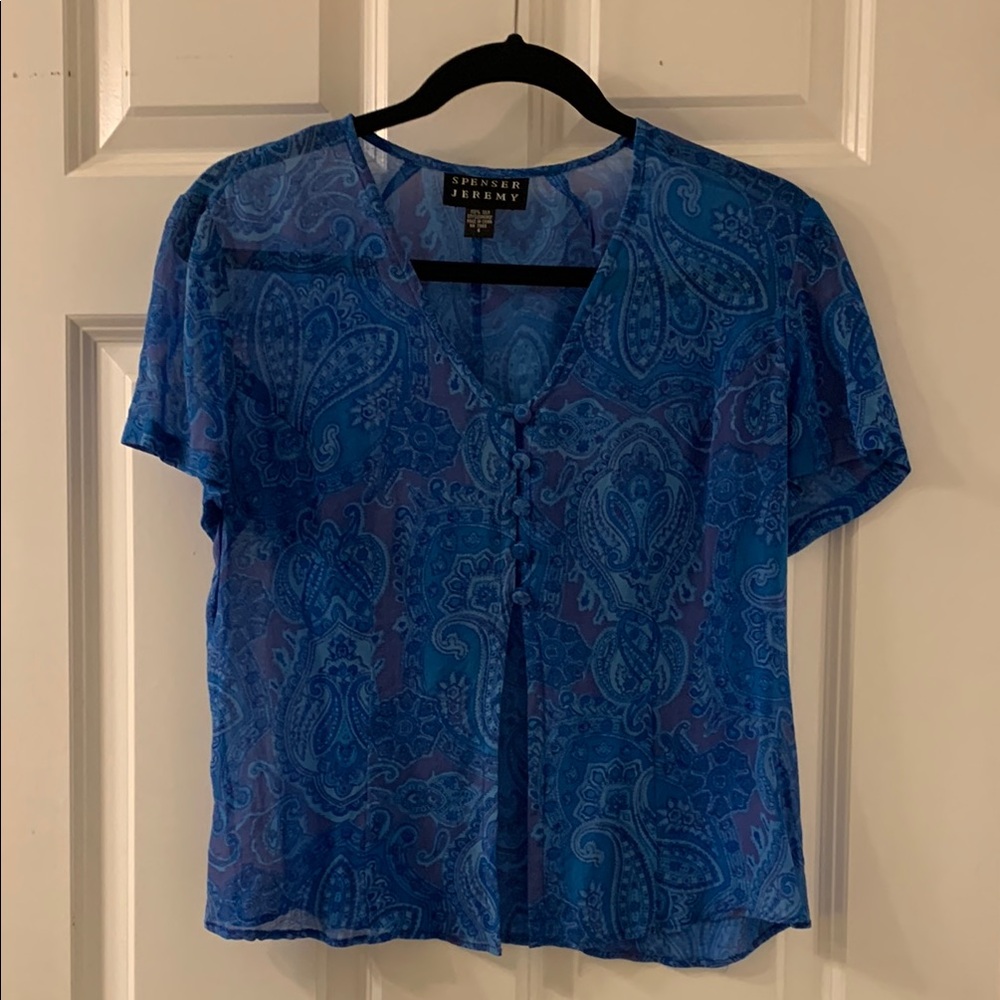100% silk vintage 80s sheer blue top